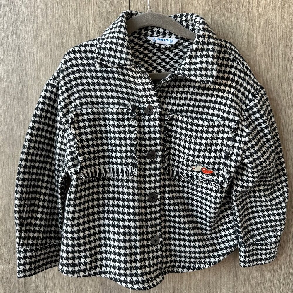 Mayoral Housetooth Button Up Shirt Jacket with Hearts. Size 3